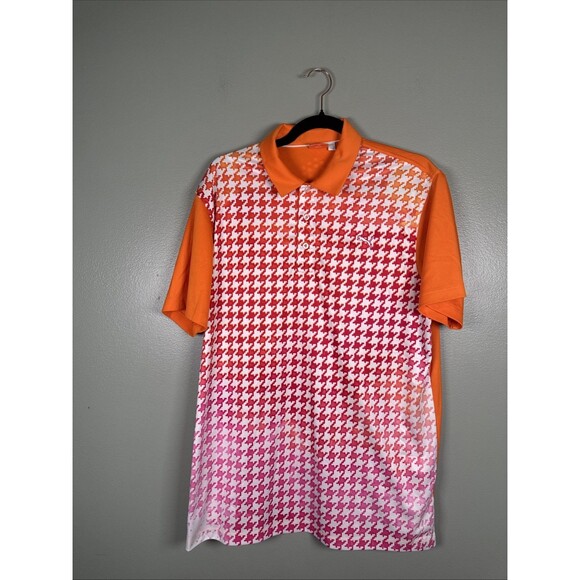 Puma Colorful Ombré Orange Red Pink Summer Houndstooth‎ Golf Polo Shirt Sz Large - Picture 1 of 8
